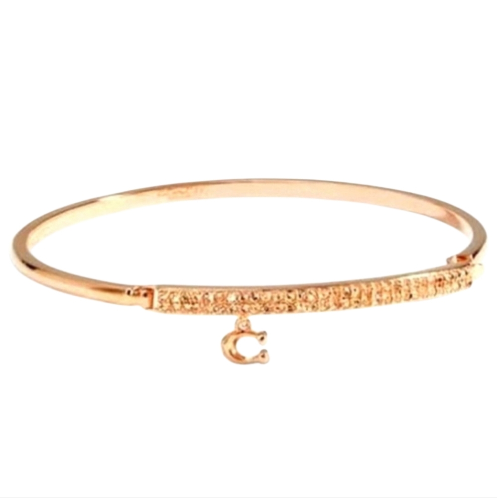 Coach Bar C Charm Pave Hinged Bangle Bracelet Rose Gold